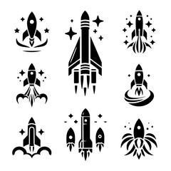 Collection of Rocket Launch Illustrations: A Set of Nine Unique Spacecraft Designs