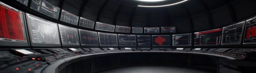 Fototapeta premium A futuristic control room featuring multiple screens, a circular design, and a high-tech atmosphere, ideal for advanced operations and monitoring.