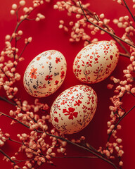 Fototapeta premium Handmade decorated red Easter eggs on the red background