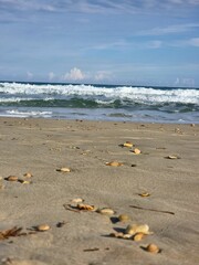 Ein flacher Blick über den Sandstrand, der von Kieselsteinen gesäumt wird und in das Meer führt. Die Wellen brechen deutlich und verleihen der Szenerie Bewegung und Leben.
