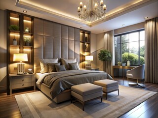 Fototapeta premium A Bright Contemporary Bedroom with Mirrors: Night Photography Showcasing Modern Interior Design and Chic Decor Elements for Stylish Living Spaces