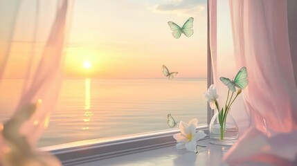 A peaceful sunset scene as seen from a modern, minimalist window with a sheer, soft pink curtain draped to the side. 