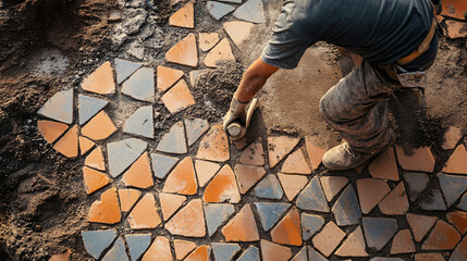 Mason constructing a brick patio with a detailed geometric pattern.