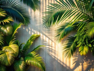 Fototapeta premium Aerial View of Palm Shadows on a Light Wall Surrounded by Tropical Leaves, Perfect for Product Display and Advertising in a Sunny Afternoon Setting