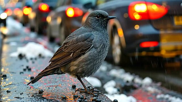 Bird observes traffic on a rainy day in the city with vehicles on the road and snow scattered on the ground