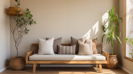 Cozy living room with rattan chair, wooden bench, and a poster frame. Beige walls enhance the boho-chic style of the modern interior.
