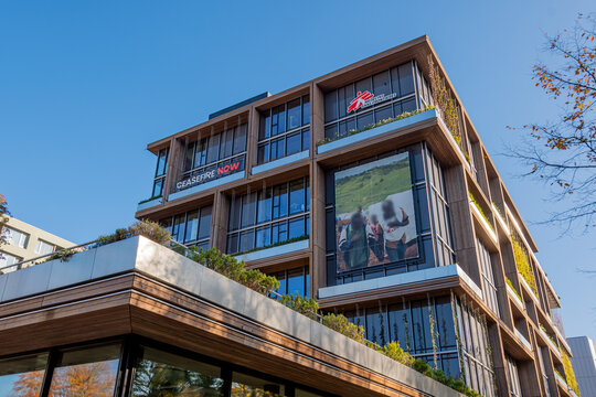 Gen&egrave;ve, Suisse - 16 novembre 2024: Vue ext&eacute;rieure du si&egrave;ge de M&eacute;decins sans Fronti&egrave;res (MSF), organisation non gouvernementale m&eacute;dicale humanitaire internationale d'origine fran&ccedil;aise