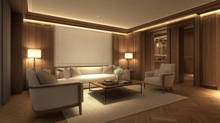 Modern living room with white sofa, wooden walls, parquet floor and lamp, featuring empty frame for text or artwork. 3D rendering, 3D illustration