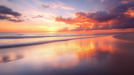 Naklejka premium Vibrant orange and pink colors illuminate a wet sandy beach shoreline during a dramatic ocean sunset reflection.