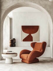 Modern Living Room Featuring an Orange Armchair and Abstract Art
