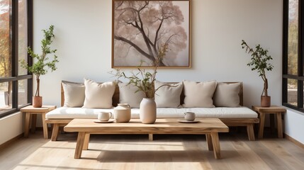 A cozy boho living room featuring a rattan chair, wooden bench, and poster frame on a beige wall. Natural textures and neutral tones for a relaxed, modern vibe.