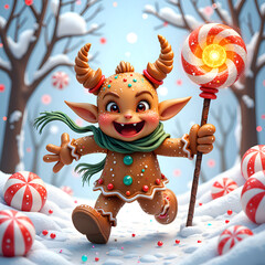 Fototapeta premium A playful gingerbread sprite running through a winter wonderland with a candy cane, 3d rendering of fantasy art concept.