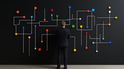 environmentalist standing before a black wall covered with a network of interconnected environmental pathways and causes colorful diagram flowchart dark background deep focus, Photorealistic