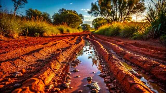 Close-Up of Bicycle Tire Tracks in Mud on a Red Dirt Outback Road, Showcasing Nature's Texture and Outdoor Adventure in a Rustic Setting
