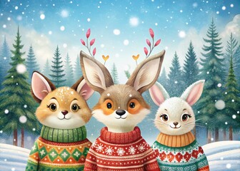 Fototapeta premium Joyful Woodland Animals in Festive Sweaters Surrounded by Snowflakes - Cute Holiday Scene, Winter Wonderland, Christmas Spirit, Nature and Wildlife, Seasonal Cheer
