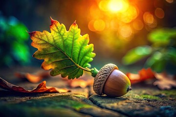 Low Light Acorn and Leaf - Nature's Beauty in Focus, Captivating Details of an Acorn and Leaf in Soft Lighting, Perfect for Autumn and Nature Lovers