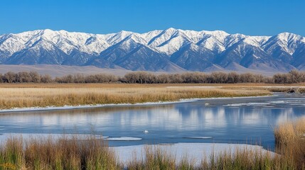 Fototapeta premium Frozen Lake Surrounded by Snow-Covered Rocky Mountains in a Cold Winter Landscape, Scenic Winter Scene with Icy Water and Snowy Peaks in the Background, Peaceful Nature and Winter Beauty