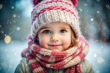 Smiling child in a winter scarf with snow in the background