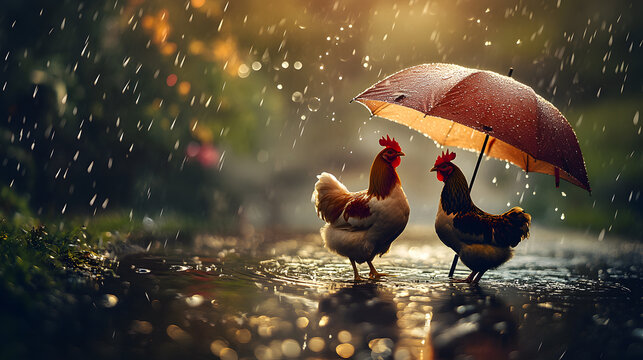 Romantic Chickens Under an Umbrella in the Rain