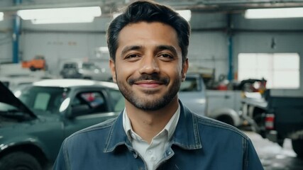 Smiley middle aged Caucasian car repair master looking at camera. Our friendly car repair expert looks at the camera, ready to help you navigate any automotive issue!