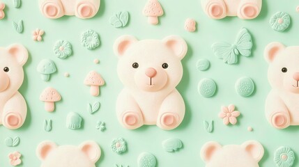 Adorable cream-colored teddy bears and playful mint green geometric shapes create a delightful, seamless pattern perfectly suited for baby product.