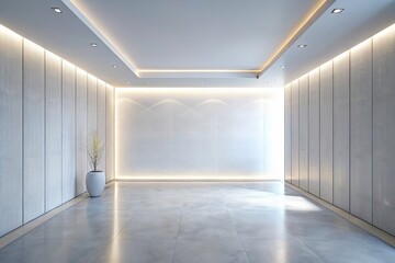 Fototapeta premium Minimalist 3D Rendered Blank Interior Wall with Soft White Lighting for Urban Exploration and Design Projects