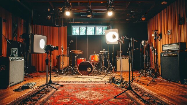 A recording studio with a drum set in the center, microphones, and equipment