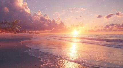 A breathtaking sunrise paints the sky in vibrant hues of pink and orange, casting a warm glow on a pristine beach lined with palm trees. background, computer screen wallpapers
