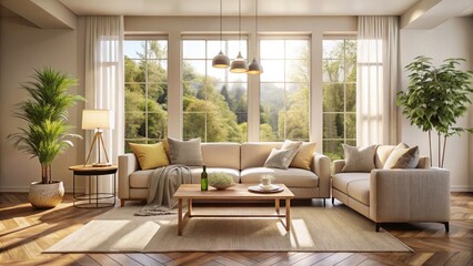 Minimalist Living Room with Cozy Beige Sofa, Sunlit Windows, and Neutral Decor for Modern Interior Design Inspiration