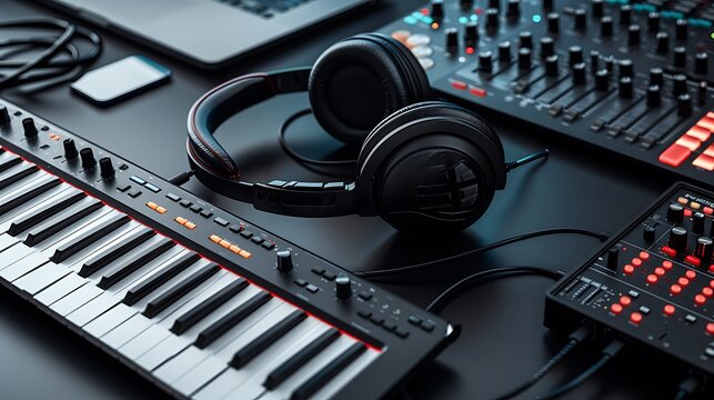 A modern music production setup featuring a MIDI keyboard, headphones, and a sound mixer.