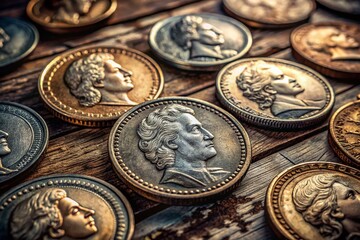 A Close-Up View of Vintage American Coins Displayed on a Rustic Wooden Table, Showcasing Their Unique Designs and Historical Significance in a High Depth of Field Setting