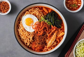A bowl of spicy Korean instant noodles with kimchi on top