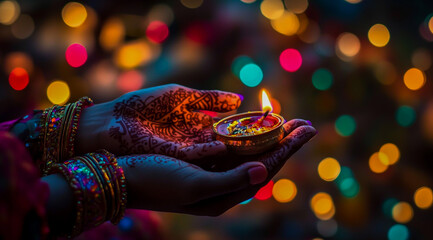 Close-up of hands holding burning candles at night, set against a soft blurred background of vibrant Navratri celebrations with colorful lights and festive energy.