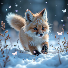 Fototapeta premium Charming fox cub playing in a snowy meadow surrounded by delicate butterflies, photorealistic of animal portrait concept.
