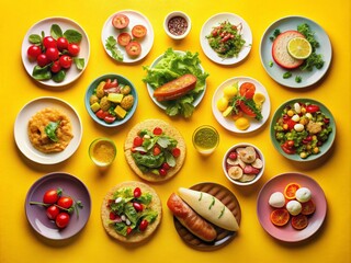 A Colorful Variety of Lunch Dishes Served on Plates Isolated on a Bright Yellow Background for a Vibrant Culinary Presentation