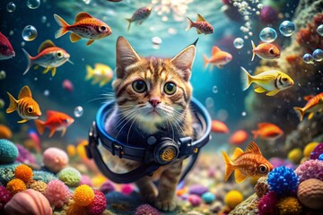 Fototapeta premium A Curious Cat in Diving Gear Explores a Vibrant Underwater World Filled with Colorful Fish and Bubbles, Captured in a Tilt-Shift Photography Style for Unique Perspective