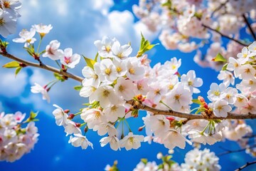 Obraz premium A Delicate Sprig of White Cherry Blossoms Framed by a Vibrant Blue Sky, Perfectly Capturing Nature's Beauty and the Arrival of Springtime Freshness in Full Bloom