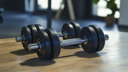 Strength training zone with adjustable dumbbells and free weights.
