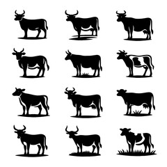 Twelve Silhouettes of Cows: A Diverse Collection of Bovine Illustrations