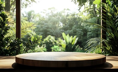 Wooden round display platform on table with blurred lush green garden background.