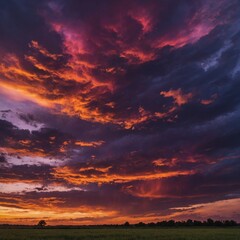 Fototapeta premium A vibrant sunset sky with deep hues of pink, purple, and orange, casting light over the landscape.