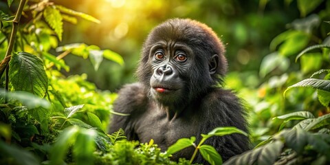 Obraz premium Adorable Baby Gorilla Playing in a Lush Green Forest, Captivating Portrait of Youthful Curiosity and Playfulness in Nature's Embrace