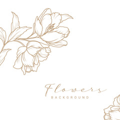 Elegant floral frame in line art style. Luxury pattern with a branch of flowers and leaves. Vector abstract floral background. Template for design of card, wedding invitation, advertising, packaging