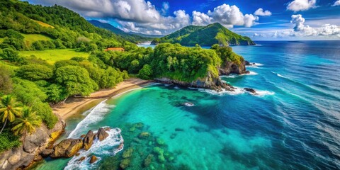 Fototapeta premium Serene Aerial View of Rocky Shoreline with Blue Waters and Lush Trees in Martinique Island