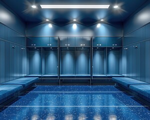 blue and white basketball contemporary professional locker room with four empty cubby spaces. There is a padded bench seat under every jersey cubby space. Luxury high-end.