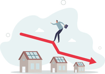 Housing price falling down, real estate and property crash, value drop or decline, home loan or mortgage risk concept.flat characters.