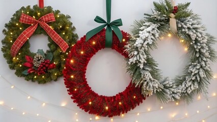 Three Christmas wreaths with lights