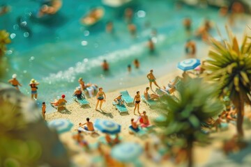 Miniature people  Tourists Sunbathing on the beach. Concept of traveling  business concept.