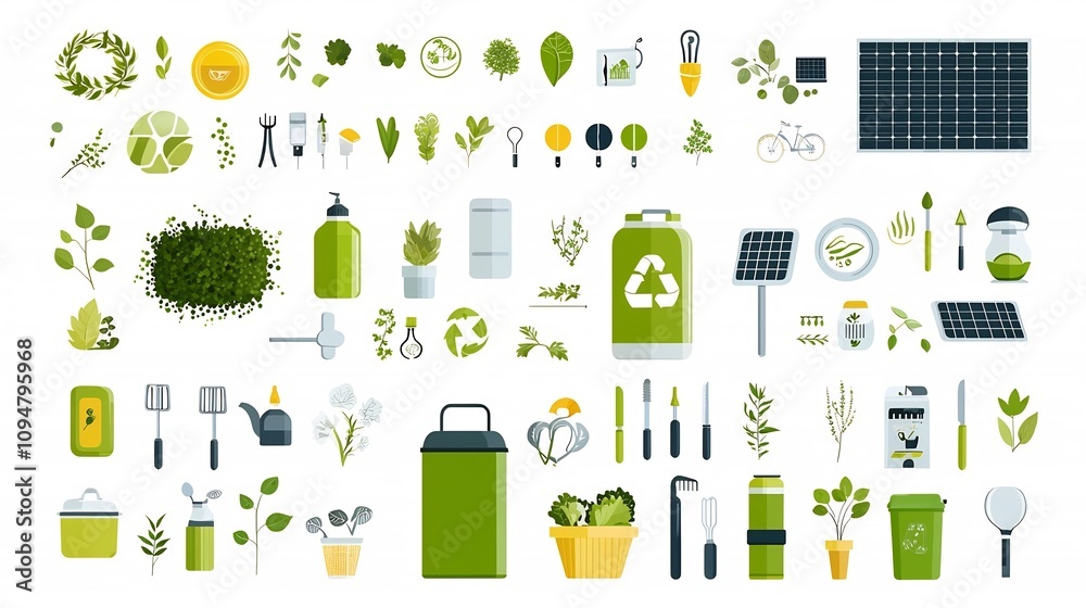 Poster a creative set of environmental icons and symbols showcasing sustainable living practices such as en