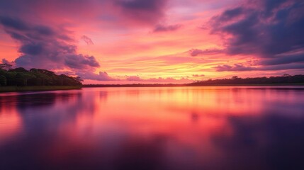Sunset casts brilliant colors over a winding river, with lush greenery lining the banks. The sky is filled with fluffy clouds that reflect warm hues, creating a serene atmosphere.